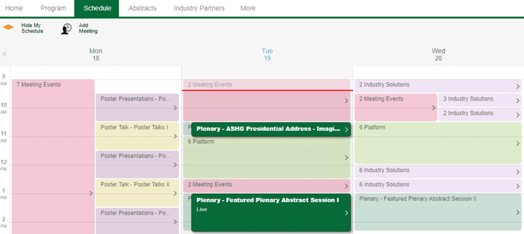 Personalized schedule showing a personal meeting at 9am Tuesday, and Tuesday plenaries added to the personal calendar shown in old green.