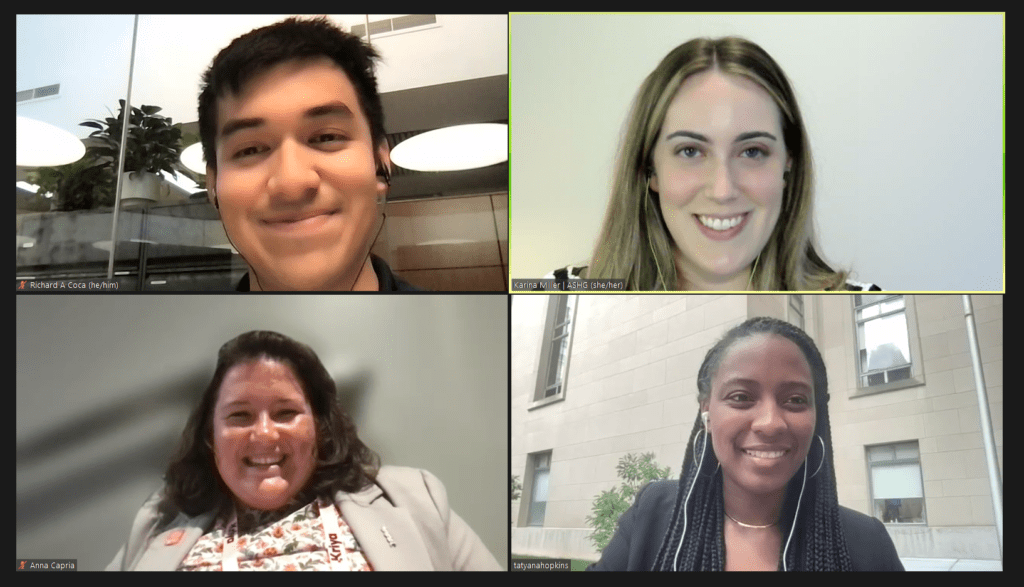  Counterclockwise from top left: 2023 ACGT member Richard Coca, BS; 2023 ACGT member Anna Capria, MS; Tatyana Hopkins (Congressional Black Caucus Foundation Fellow), Office of Representative Barbara Lee (D-CA); ASHG staff member Karina Miller, PhD