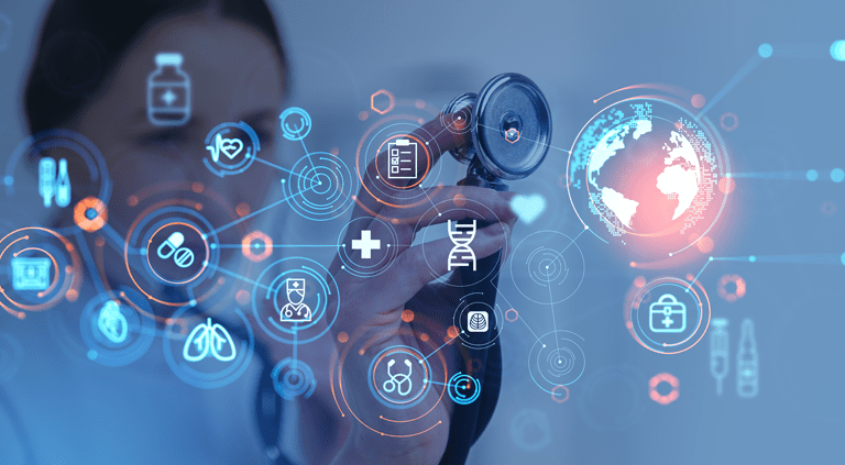 Woman doctor with stethoscope, healthcare dashboard with diverse medical icons hologram.