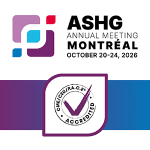 An image showing the ASHG 2026 meeting logo and information describing certification/accreditation.
